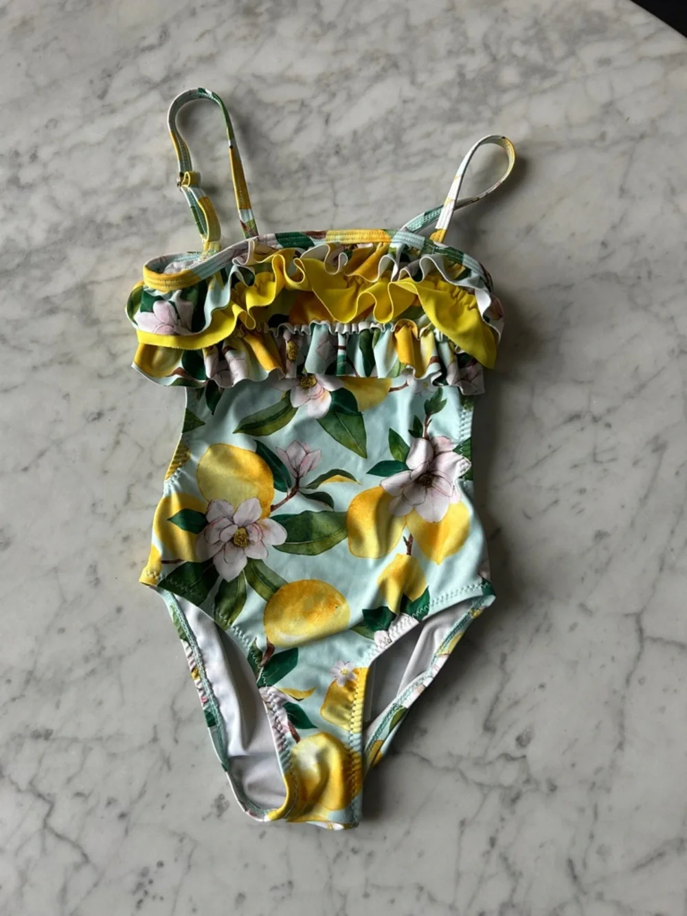 Mayoral Girls Lemon Floral Ruffle One-Piece Swimsuit - Yellow & Green size 3T